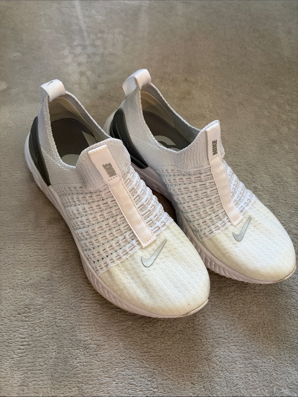 Nike White Knit Slip-On Sneakers with Gray Accents